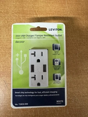 Leviton T5832-BW USB A Dual Charger 20 Amp Outlet Brand New