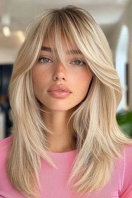 Ombre Warm Blonde Ash Roots Layered Lace Front Wigs with Bangs 100% Human Hair - Image 1 of 4