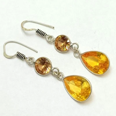 Faceted Topaz Gemstone Dangle Drop Earring 925 Sterling Silver Plated Jewelry - Image 1 of 4