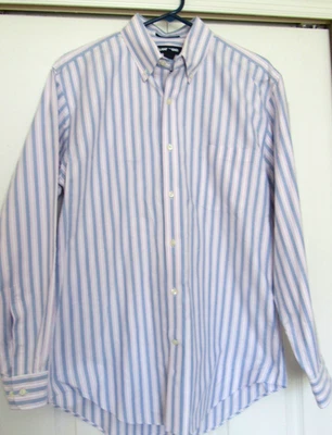 LAND'S END STRIPED LONG SLEEVE SHIRT BUTTON DOWN BLUE WHITE RED STRIPE 16/34 - Image 1 of 4