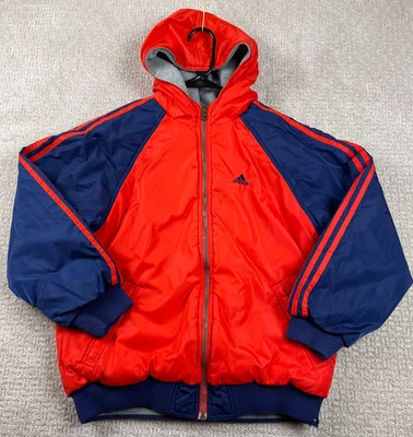 复古 Y2K 阿迪达斯夹克青少年大号红色蓝色全拉链双面连帽标志 — 第 1/4 张图片