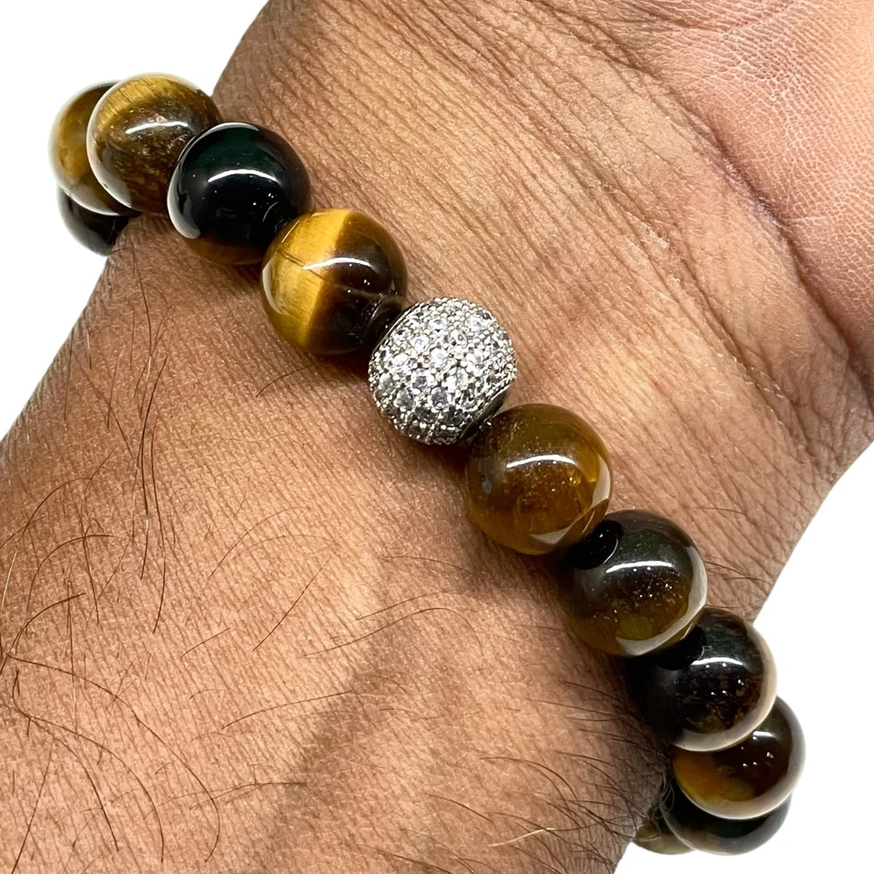 Handgemachte Stretcharmband 10Mm Natürliche Tigerauge Perlen & Cz Disco Ball - Bild 1 von 4