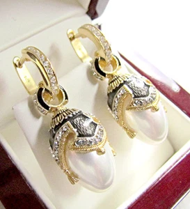 FASCINATING ENAMELED EARRINGS MADE OF STERLING SILVER 925 & 24K GOLD WHITE PEARL - Picture 1 of 4