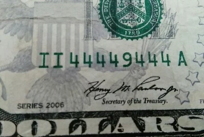 Fancy $5 Dollar Bill 7 of a kind Quad Serial Number II 44449444 A 2006 A - Image 1 of 4