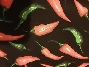 CHILIES RED AND GREEN PEPPERS ON BLACK COTTON FABRIC BTY - Picture 1 of 1