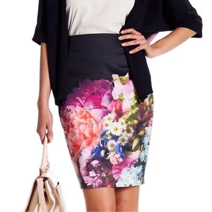 Ted Baker Floral Bouquet Pencil Skirt Rose Gold Zipper SZ 2 - Picture 1 of 3