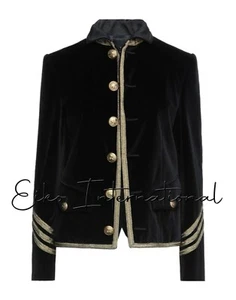 Women Velvet Military Jacket Womens Black Officer Goth Jackets Gothic Coats - Picture 1 of 6