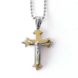 STAINLESS STEEL 2-TONE CRUCIFIX PENDANT WITH 18" CHAIN - Picture 1 of 3