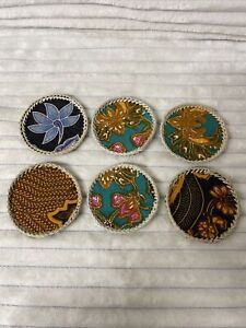 Set of 6 Coaster Hand Woven Palm Leaves Covered w/ Batik Fabric