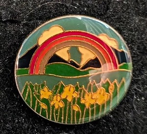 Prendedor de sombrero vintage esmaltado Rainbow Mountains Fields tamaño 1" diámetro - Imagen 1 de 1
