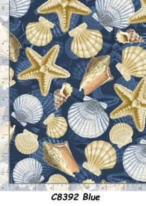 Beach Cotton Quilt fabric Timeless Treasures sea shells Blue C8392 Last pc 7/8yd - Picture 1 of 15
