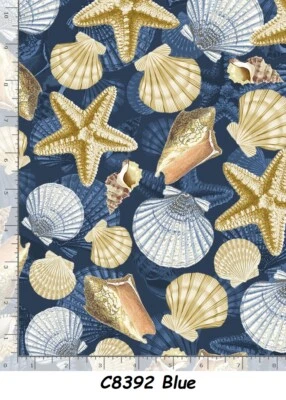 Beach Cotton Quilt fabric Timeless Treasures sea shells Blue C8392 Last pc 7/8yd - Image 1 of 4