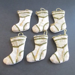 Christmas Stocking Ornaments Lot of small 6 inch Fabric White Gold Green Tassels - Picture 1 of 8