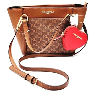 Karl Lagerfeld Brown/Khaki Monogram Women’s Tote Bag W/Red Heart Coin Purse NWT - Picture 1 of 6