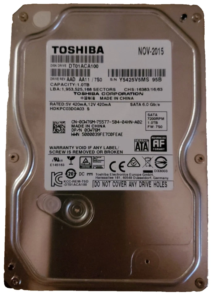 TOSHIBA 1.0TB Hard Drive SATA 6.0 Gbs 3.5" 7200RPM Cache DT01ACA100 0CW76M CW76M - Image 1 of 1