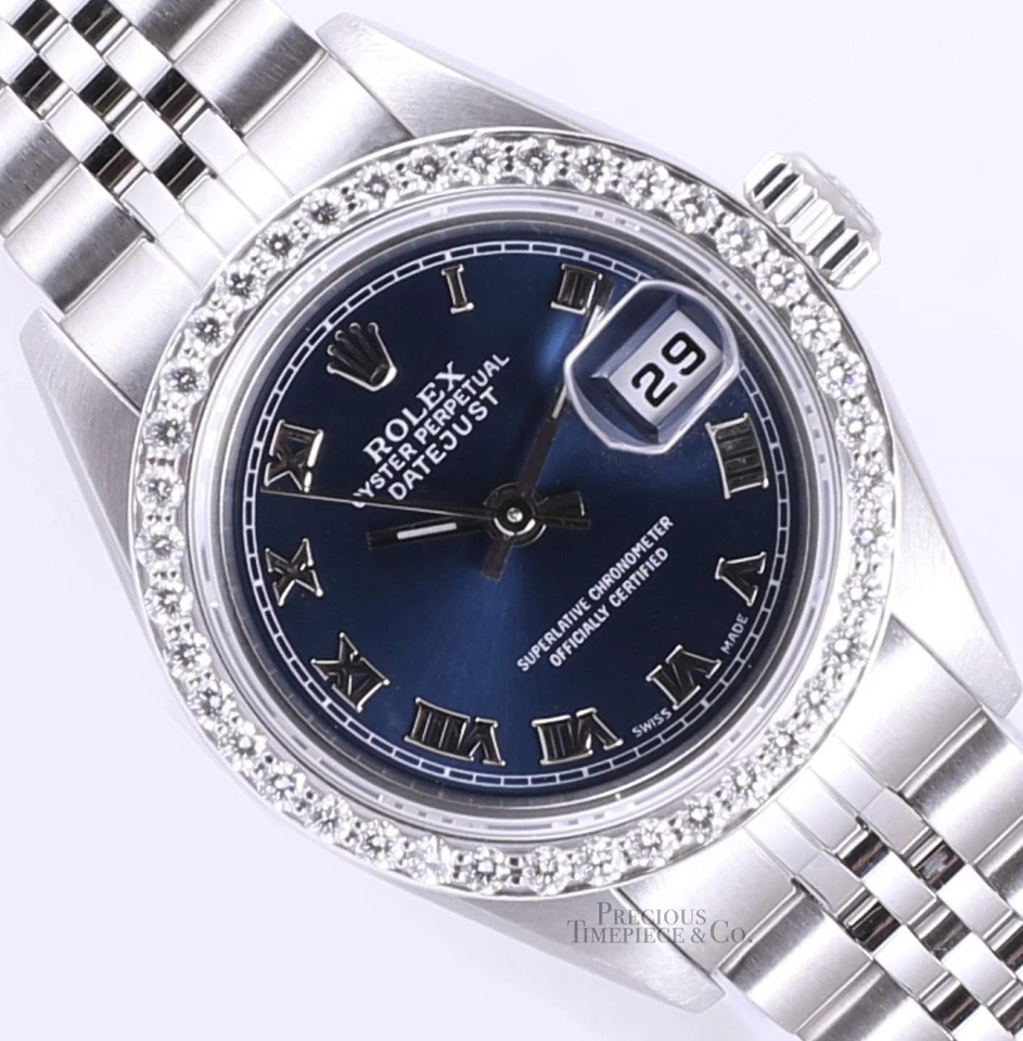 Rolex Lady Datejust 26 mm 79190 Jubilee azul marino esfera romana bisel de diamantes Foto 1 de 4