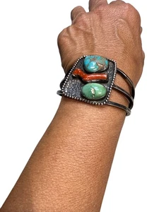 Bracciale Vintage Navajo Argento Sterling con Pietre Turchese e Corallo 65g S - Foto 1 di 9