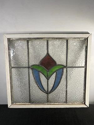 Vintage Stained Glass Window Panel Art Deco Style 20x18 Wood Frame Tulip Design  - Image 1 of 4