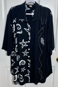 We Be BOP Tunic Top Black Beaded Art Seashells Oversized Womens 2X Beach Resort - Picture 1 of 9