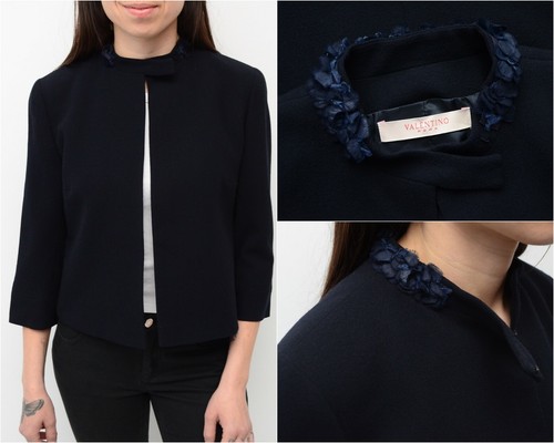 Blazer Donna Valentino Roma Blu Collaro Floreale Blu Giacca Blu 100% Lana Taglia 8 42
