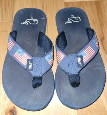 Vineyard Vines Youth Size 1 Navy Blue Flip Flops with Flag Pattern 4th of July - Image 1 of 3