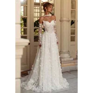 Lace Flower Sequins Wedding Dresses Scalloped A-line Corset Detachable Sleeves - Picture 1 of 9