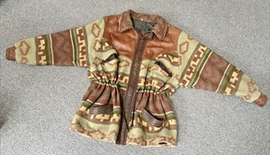 Vtg CONEXION Navajo American Indian Blanket Fabric& Leather Batwing Sleev Jacket - Picture 1 of 19