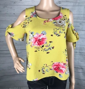 Honey Peace Shirt Large Mustard Yellow Floral Print Cold Shoulder Spring Summer - Picture 1 of 12