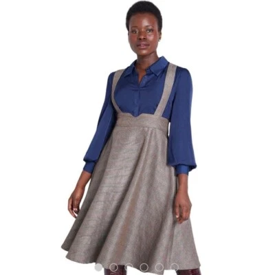 ModCloth Brown Houndstooth Confetti Plaid Overall Suspender Skirt Large SZ 10 - Image 1 of 4