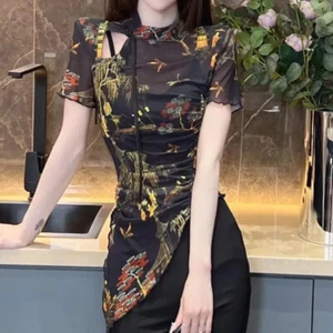 Women Short Sleeve Stretch Mesh Shirt Chinese Style Cheongsam Tops Summer Blouse - Picture 1 of 14
