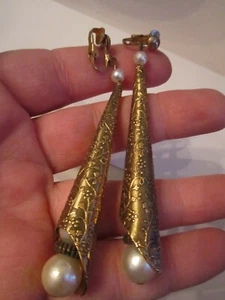 VINTAGE FAUX PEARL FANCY EARRINGS - LARGE - 4" LONG - OFC-9 - Picture 1 of 4