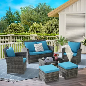 6 Pieces Rattan Outdoor Patio Furniture Set w/2 Removable Ottoman & Coffee Table - Picture 1 of 9