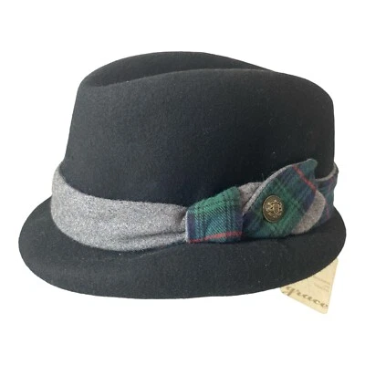 Sombrero de lana Grace para mujer negro verde a cuadros ala pequeña con broche diseñado por Tokio SM NUEVO Foto 1 de 4