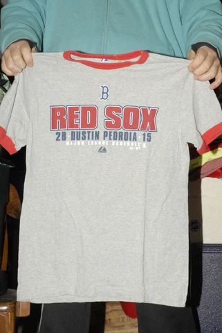 Dustin Pedroia Boton Red Sox T shirt Majestic ring collar sleeves med Nice HOF Cover