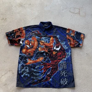 Vintage Spiderman Shirt Mens Medium Blue Button Up Carnage All Over Print Comic - Picture 1 of 9