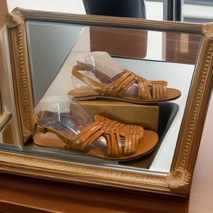 A.N.A. Caramel Leather Flat Ankle Strap Huarache Sandals Women’s Sz 9 M - Picture 1 of 13