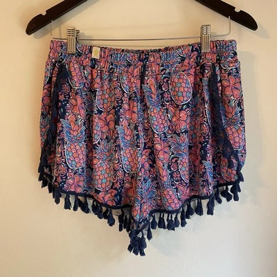 Simply Southern Pink & Blue Pineapple Tassel Shorts Womens Size L/XL - Image 1 of 4