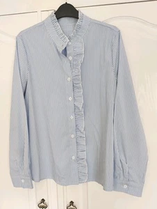 Shein 💙 Blue & White Stripe Ruffle Shirt/ Blouse ** Sz L 12-14 - Picture 1 of 11