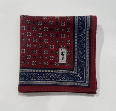 "PAÑUELO DE HOMBRE VINTAGE YSL ART PAISLEY ROJO CLÁSICO ALGODÓN PAÑUELO DE BOLSILLO 18""" Foto 1 de 4