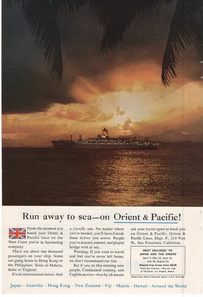 Orient and Pacific Liner Run Away to Sea Orient and Pacific 1960 Vintage Ad - Image 1 of 1