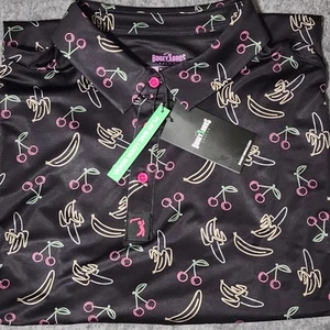 Bogey Bros Men's Golf Polo Shirt 3XL Black with Banana/Cherry Print NEW w/tags - Foto 1 di 9