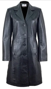 Women Black Long Trench Soft Lambskin Leather Coat - Picture 1 of 3