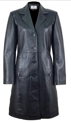 Women Black Long Trench Soft Lambskin Leather Coat - Image 1 of 3