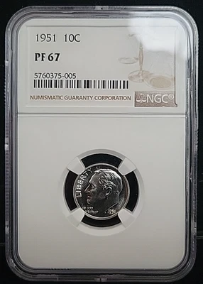 Moneda de diez centavos Roosevelt 1951 de plata a prueba 10c NGC PF67 | PR67 ver fotos Foto 1 de 4