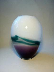 Caithness Cased White Ovoid Shape Aubergine Green & Grey Glass Vase - Picture 1 of 11