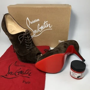 Christian Louboutin Lady Derby 120 Velours Open Toe Pumps Walk On Red Painted - Picture 1 of 24