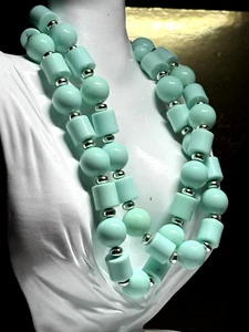 Vintage Napier Necklace Chunky Pastel Green Beaded Silver Inserts Long Plastic - Picture 1 of 8