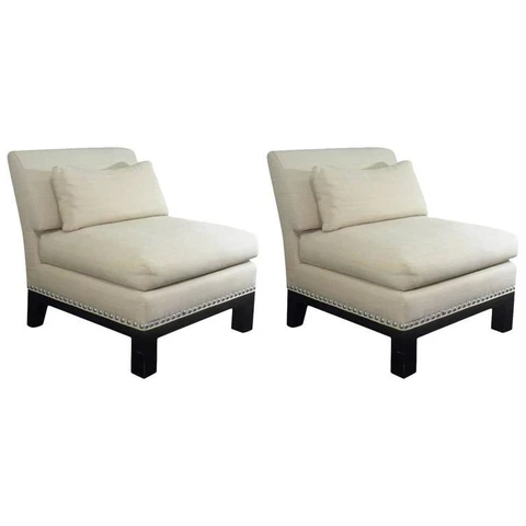Chic Designer ‘Onassis' Pair of Nailhead Trimmed Lounge Chairs, 1980s Cover