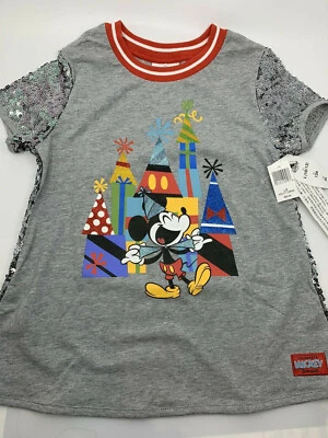 Camiseta Disney Celebrate MICKEY Disneyland Lentejuelas Niños Niñas Grande 10-12 Gris Nueva con Etiquetas Foto 1 de 4
