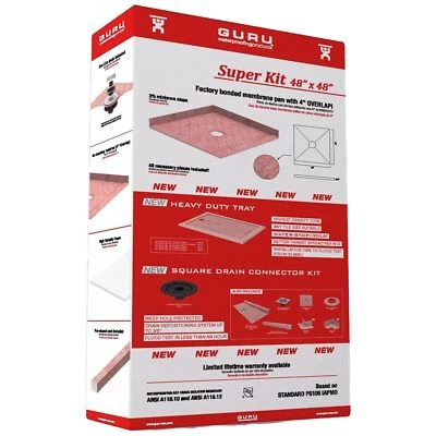 GURU USA SuperKit Kit de Chuveiro Quadrado, Bandeja, Membrana Water-Stop, 48" X 48" - Imagem 1 de 4